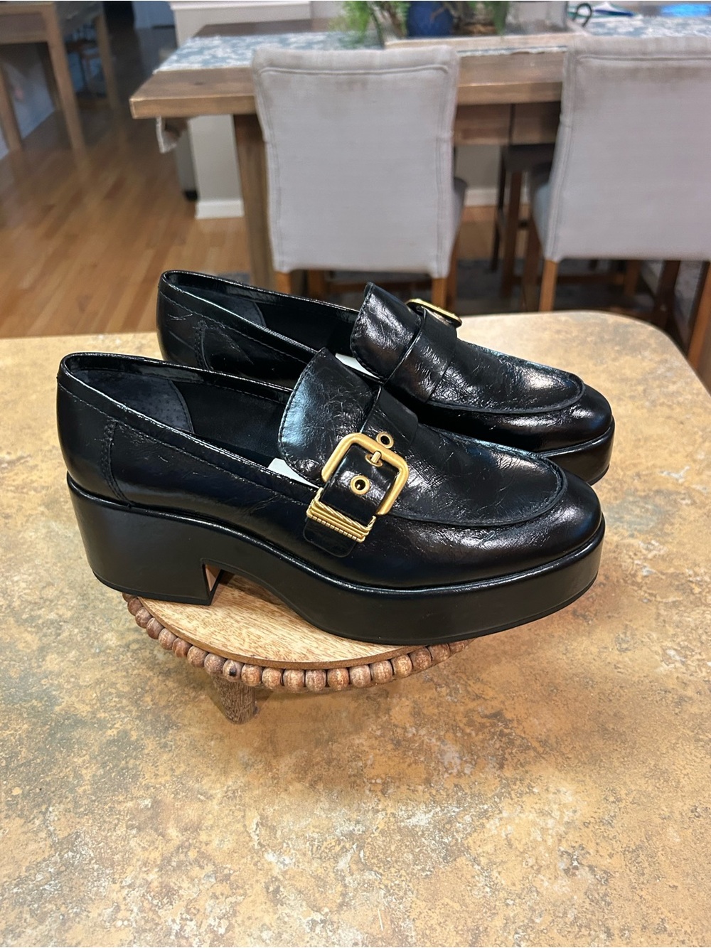 Anthropologie /Dolce Vita Yonder Black Platform Loafer with Gold Buckle